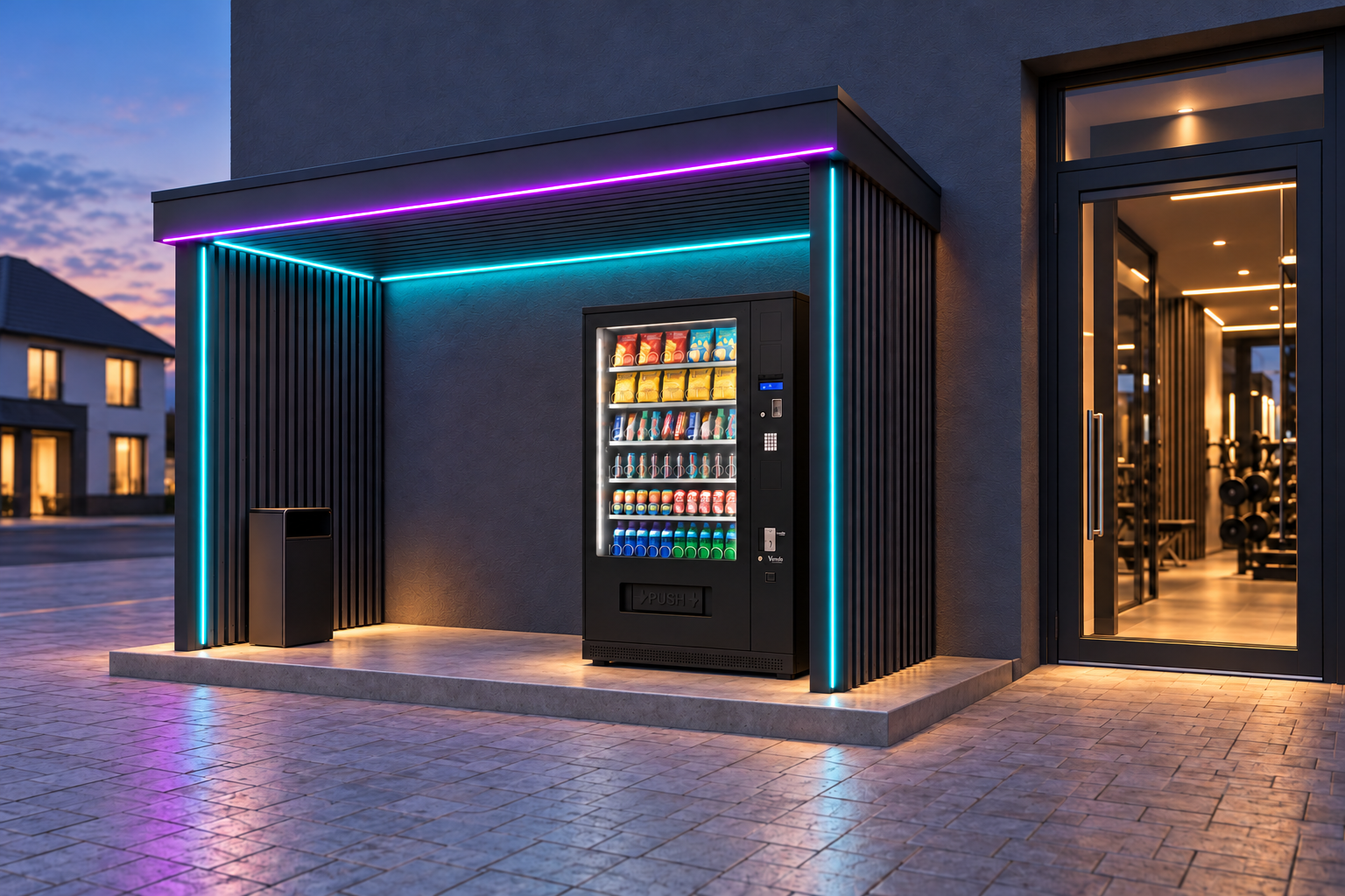 KI-Visualisierung: Vendo G-Snack 10 Outdoor im anthrazitfarbenen Unterstand ohne Pflanzen, auf einer etwa 15 cm hohen grauen Betonplatte, mit violetten und türkisfarbenen LEDs, warmweißer Bodenbeleuchtung und künftigem Gym-Eingang rechts